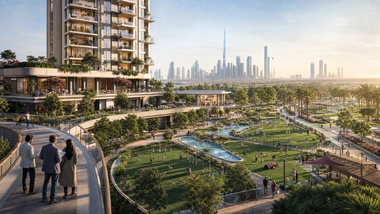 Architects and engineers review a scale model and pet-aware facade details at a shaded Dubai development mock-up