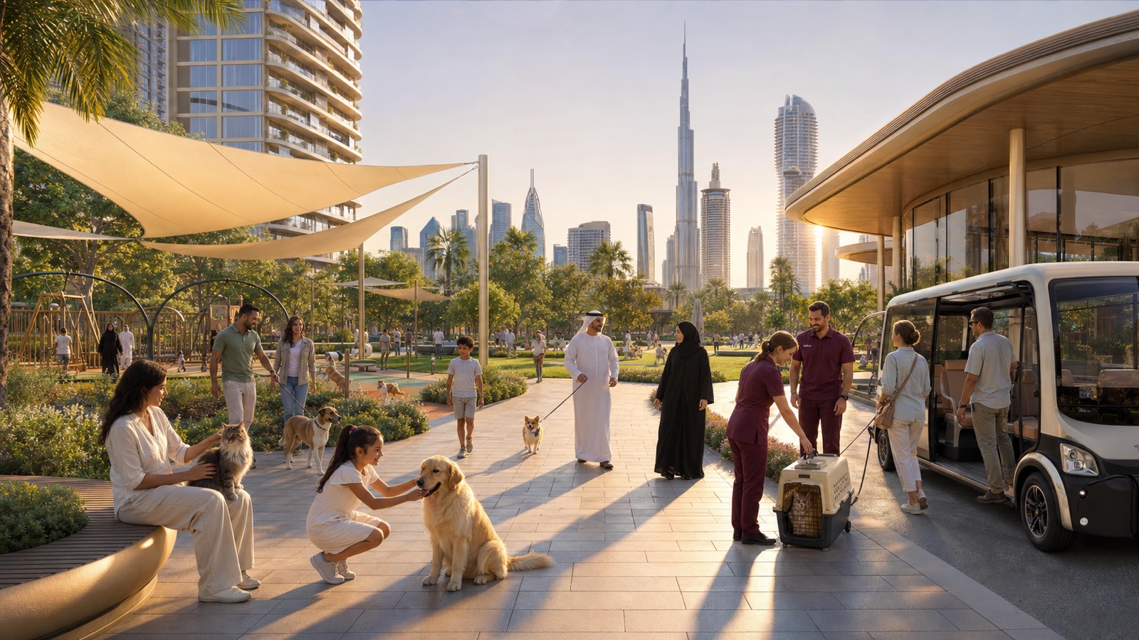 Public-sector representatives and residents walk through an accessible, shaded, pet-inclusive public realm beside a Dubai residence