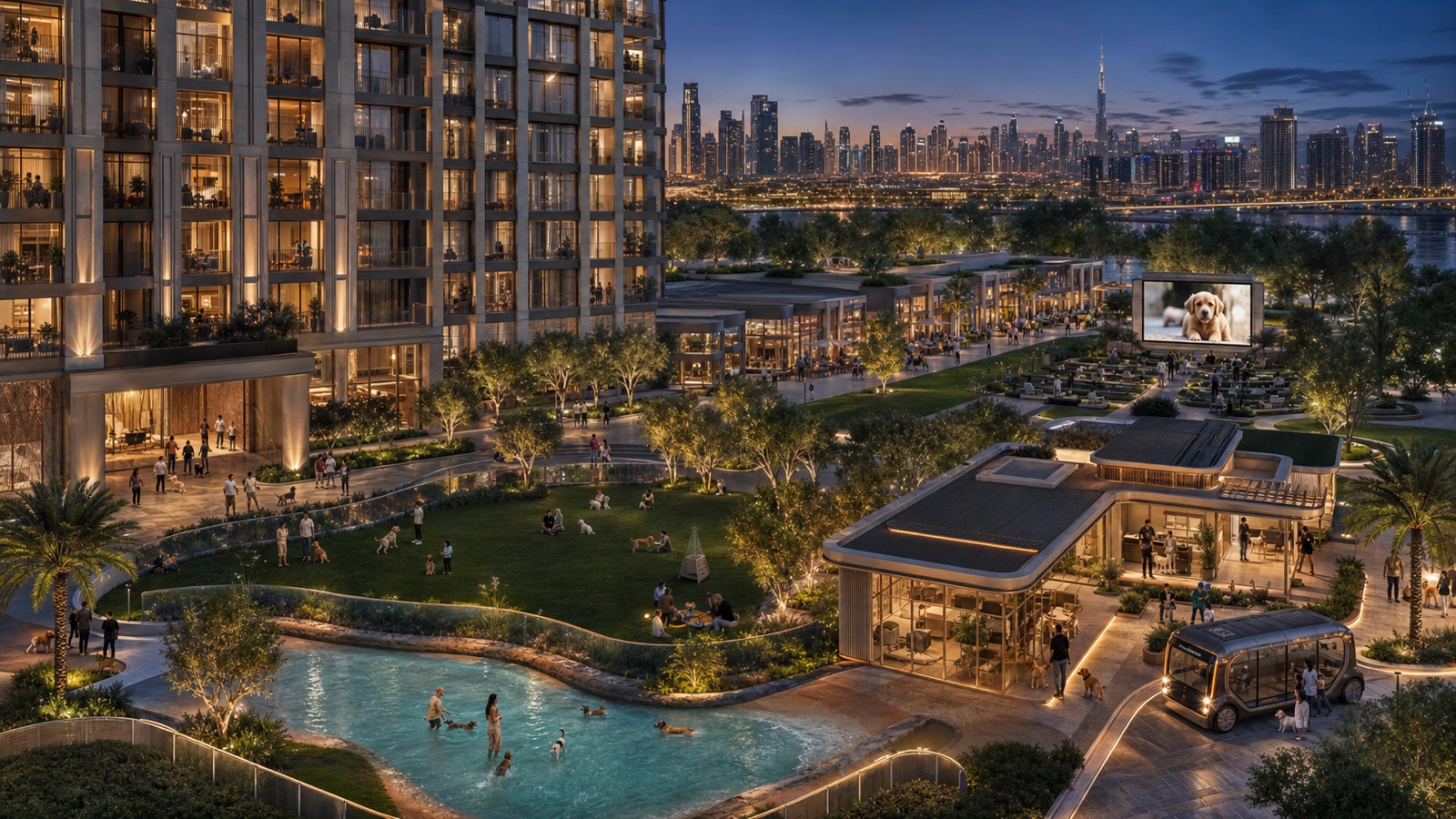 An investment team surveys a completed Dubai residence, shaded walking routes and pet amenities from an elevated terrace