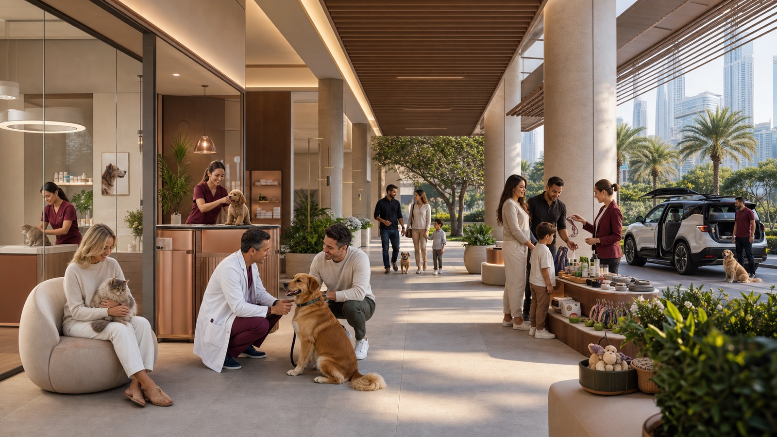 A resident, animal-care professional, relocation specialist and concierge coordinate care for a dog and cat in a Dubai residential lounge