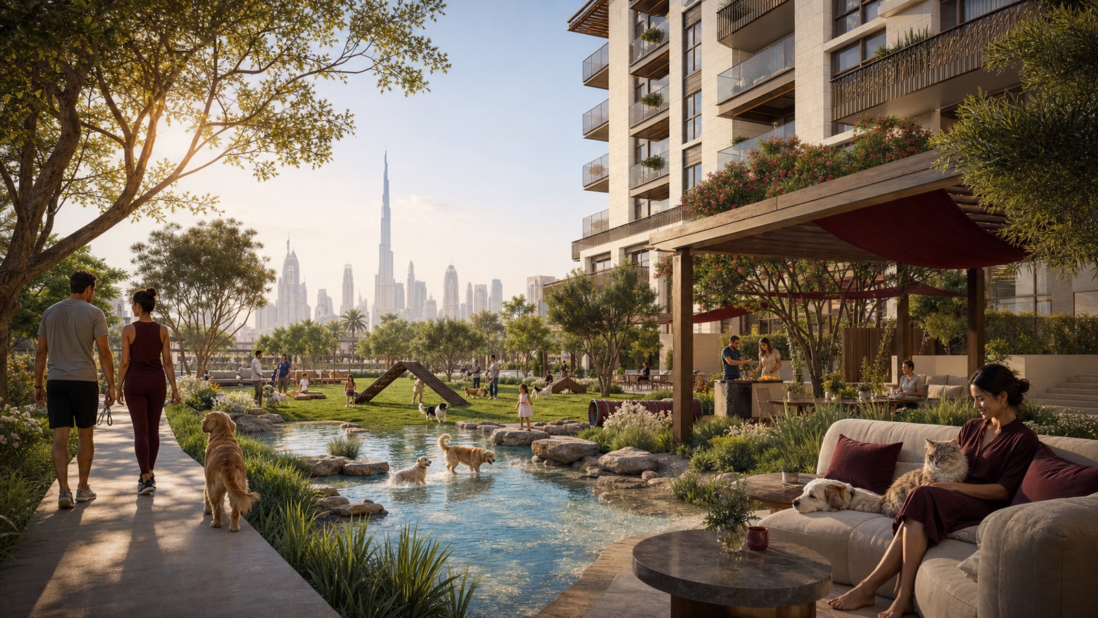 A family relaxes with their dog and cat on a shaded, pet-aware terrace at a pale-stone Dubai residence