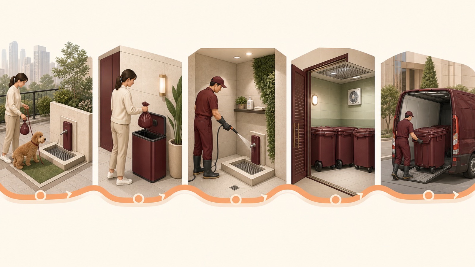 Five-stage illustration of pet relief, sealed collection, washdown, ventilated storage and service removal