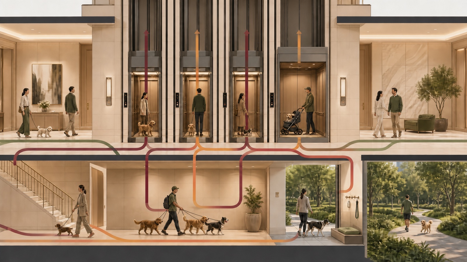 Sectional movement diagram showing four lifts carrying simultaneous outbound and returning dog-walking traffic
