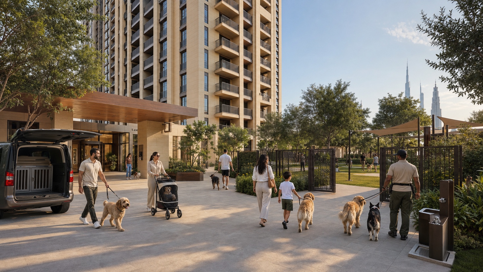 Residents, children, a professional dog walker and a pet transport van move through the landscaped pet arrival courtyard of a Dubai residential tower