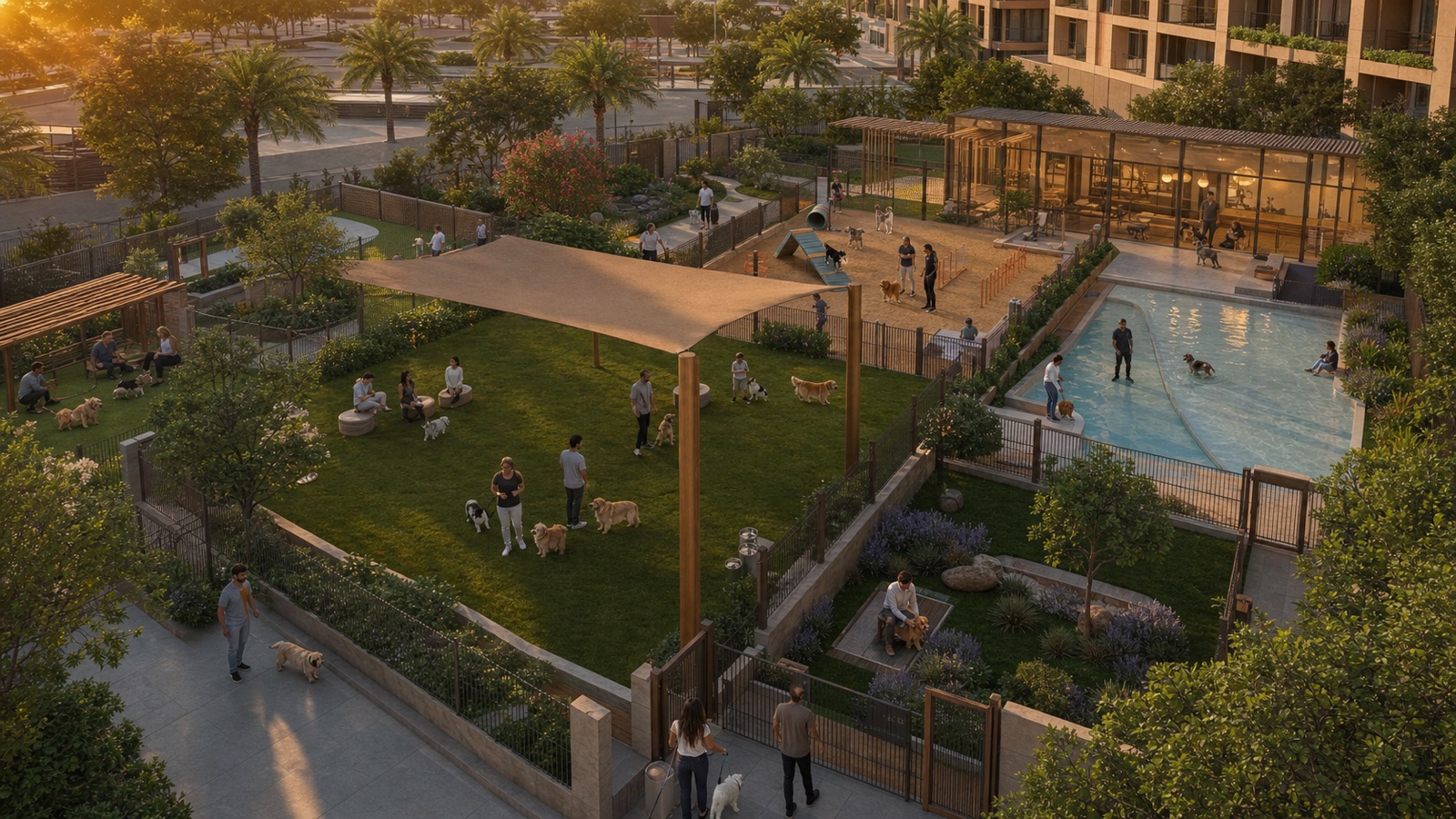 Dubai dog-park concept with separate social, quiet, training, swimming and climate-controlled areas beside the tower