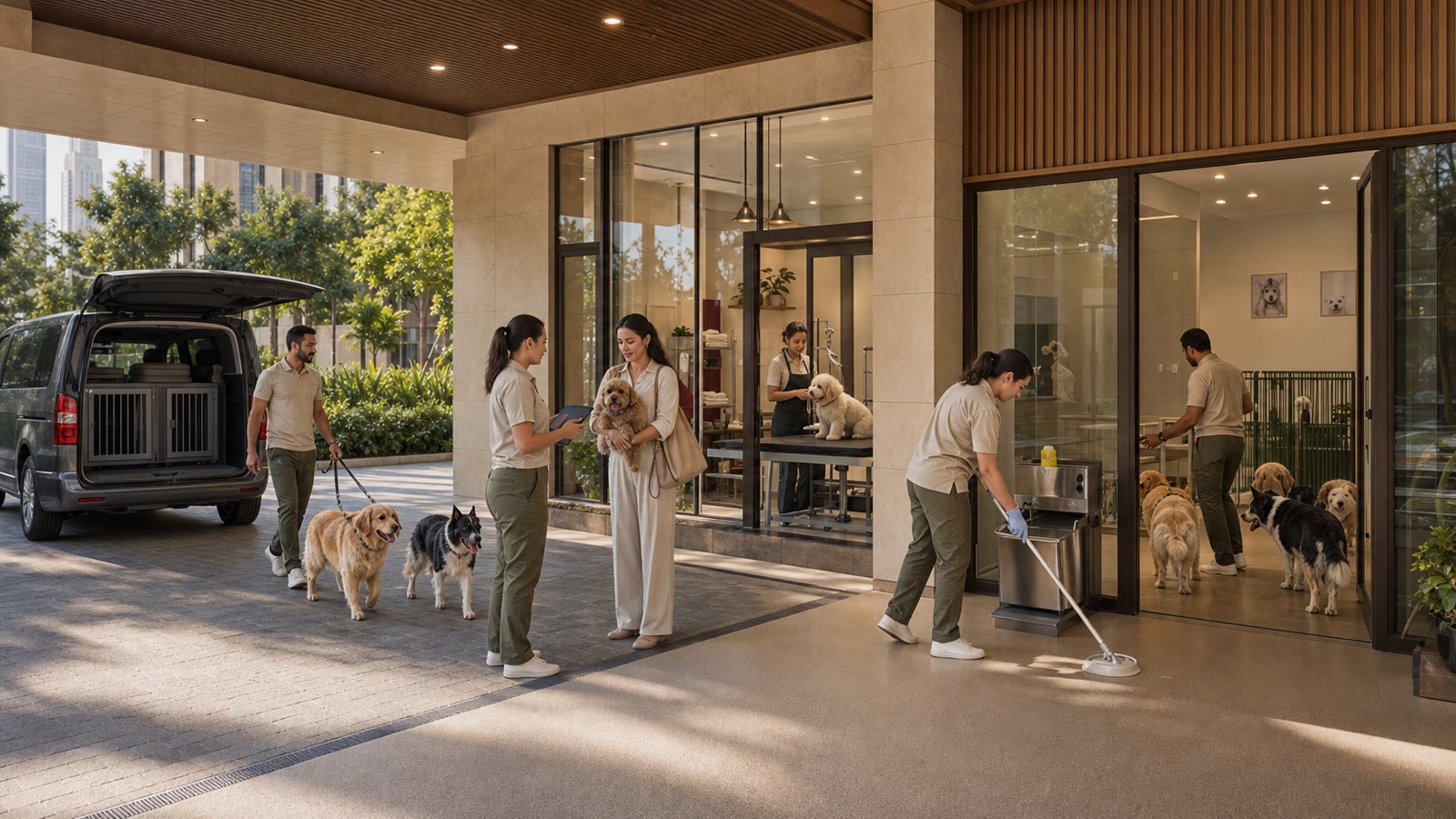 Professionally staffed pet-services hub with controlled handover, grooming, daycare and a separate transport bay