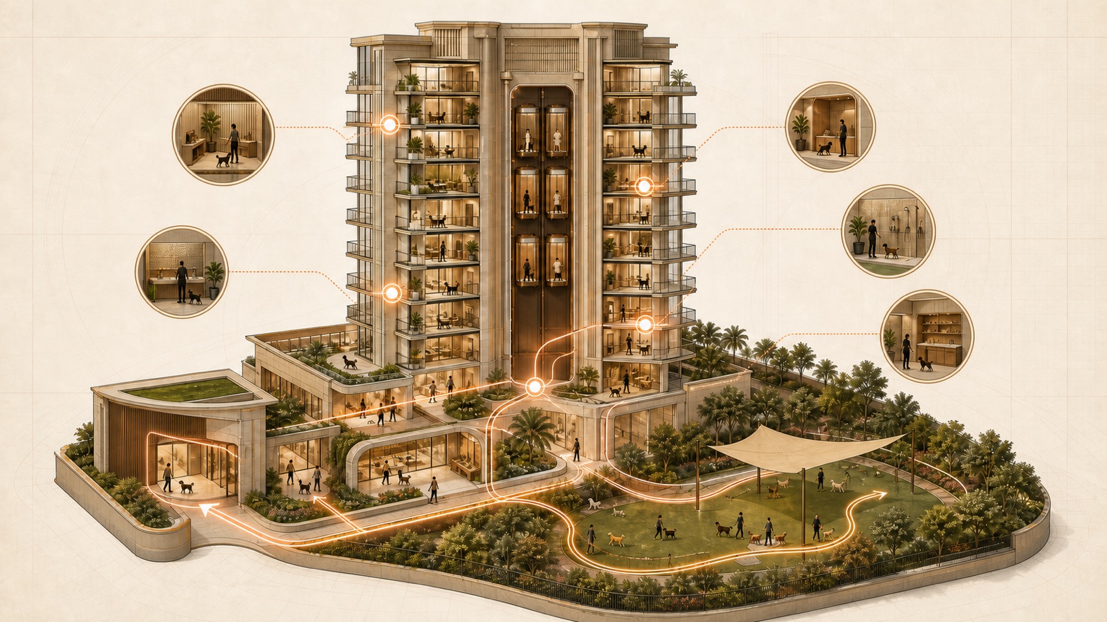 Axonometric concept diagram connecting a Dubai residential tower's lift core, pet lobby, distributed relief hubs and dog park