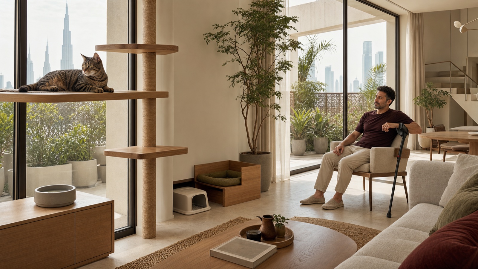 An adult tabby cat rests on a broad window perch beside vertical platforms and separated daily resources in a secure Dubai apartment home