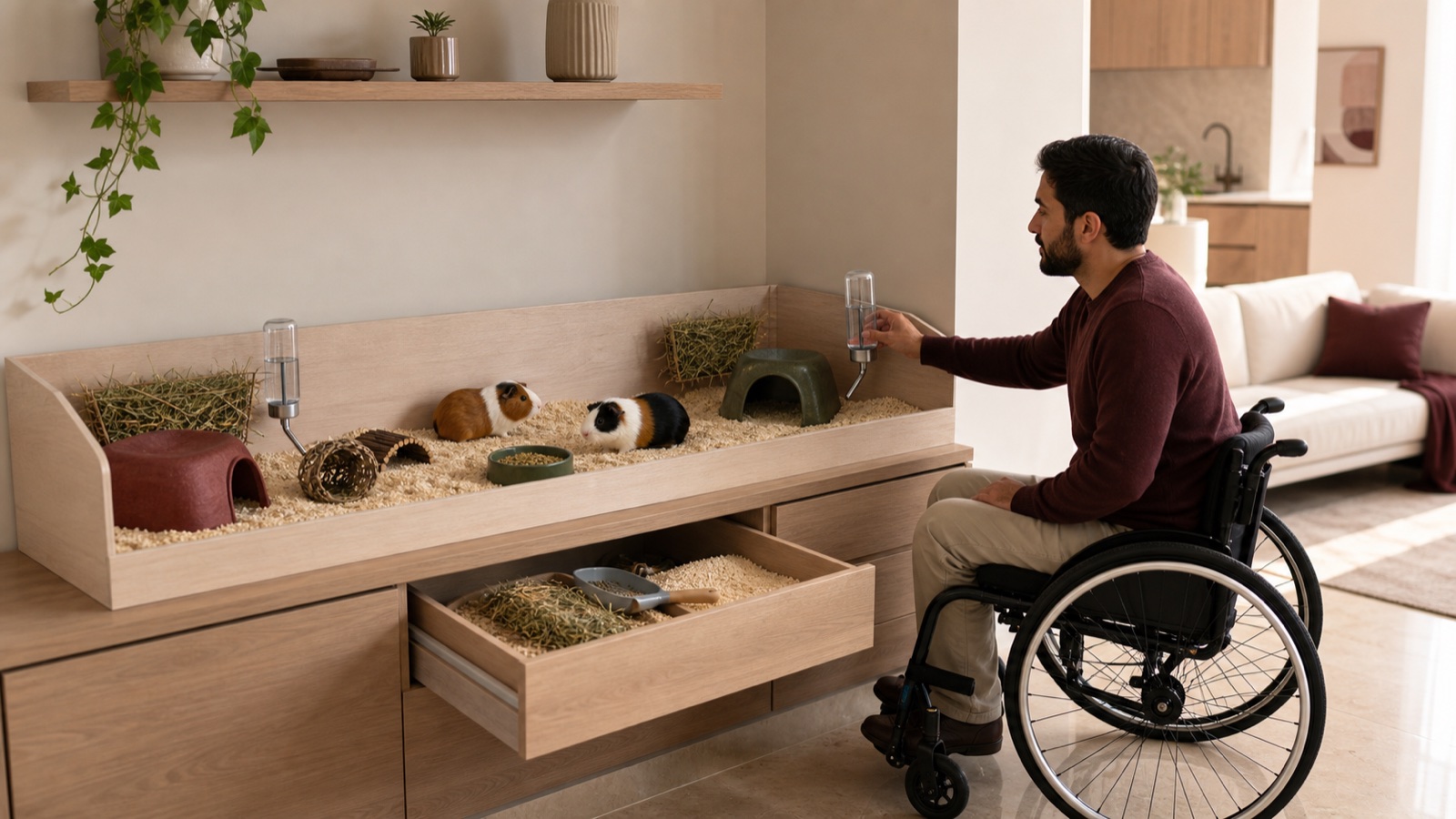 A wheelchair-using resident checks water in a wide secure habitat for two guinea pigs with hiding places, hay and reachable cleaning storage