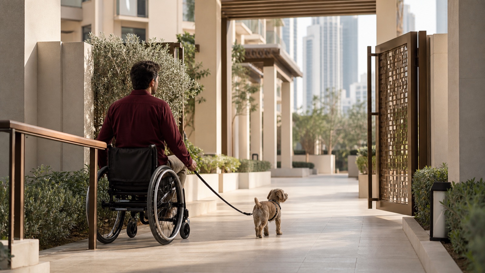 A wheelchair-using resident walks a relaxed small dog along a wide, shaded and obstacle-free route at a contemporary Dubai residence