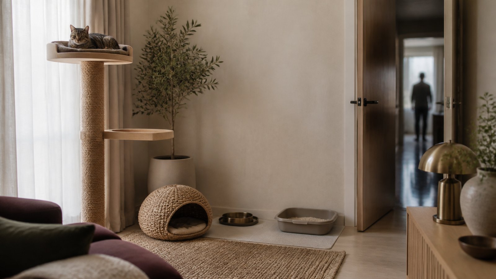 An adult tabby cat rests on a high perch in a quiet apartment refuge with a hide, water and litter area while a resident remains outside the open doorway