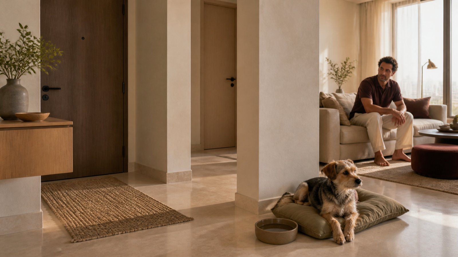 A small adult mixed-breed dog rests beside a bed and water bowl inside a calm Dubai apartment entry while its resident sits at a respectful distance