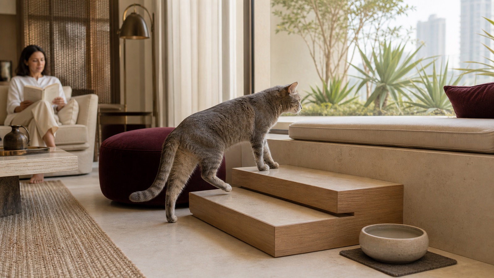 A mature grey cat uses two low timber-and-limestone steps to reach a broad window perch in a calm Dubai apartment