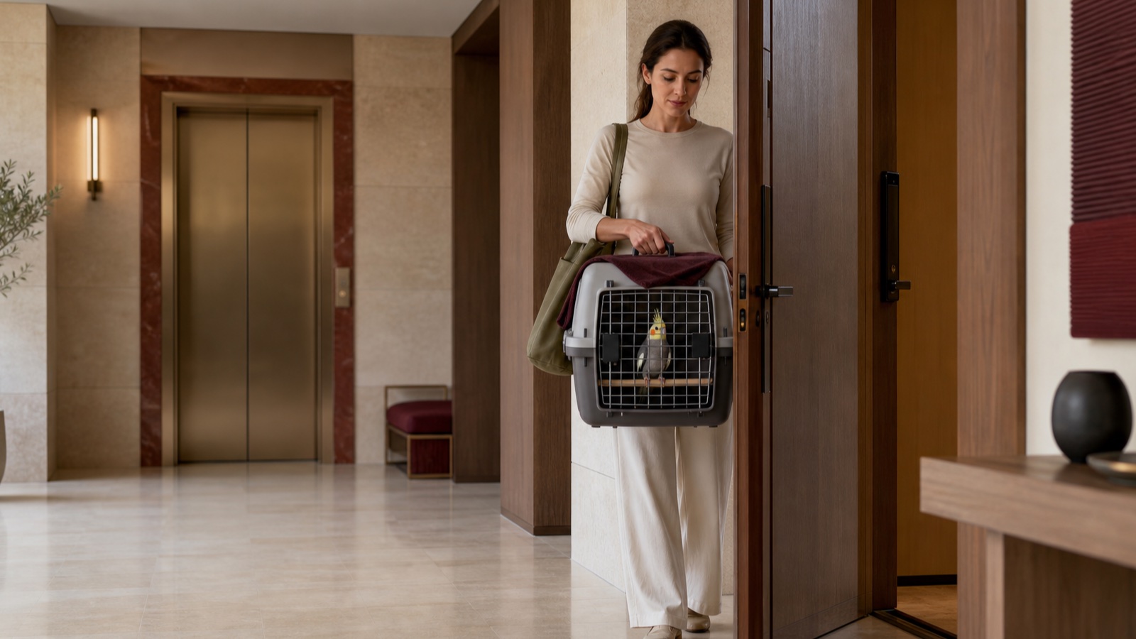 A resident carries a cockatiel securely in a ventilated travel carrier through an uncrowded apartment-lobby route toward a private home