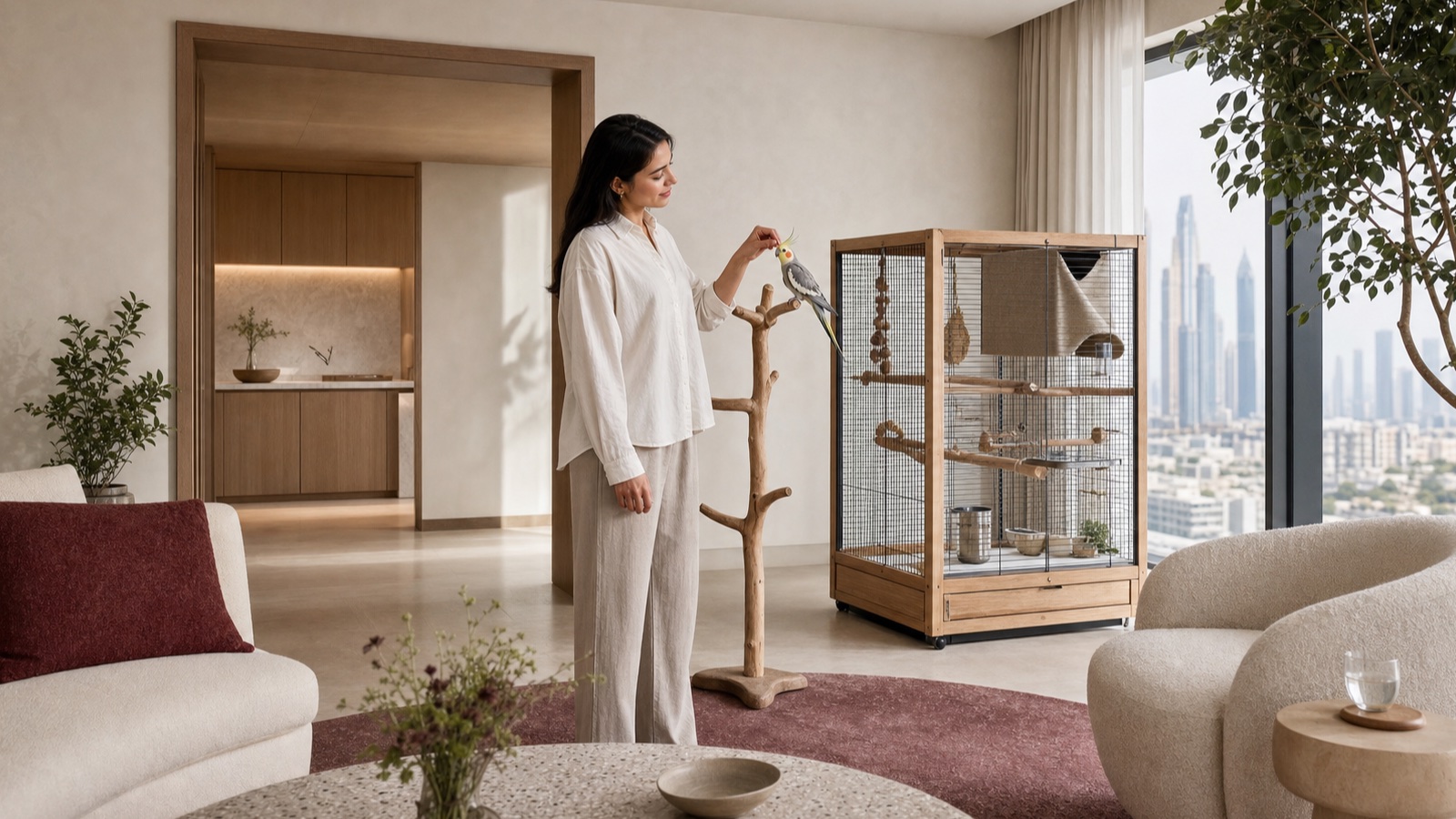 A resident attends a cockatiel beside a spacious secure habitat in a calm Dubai apartment with a separate kitchen threshold