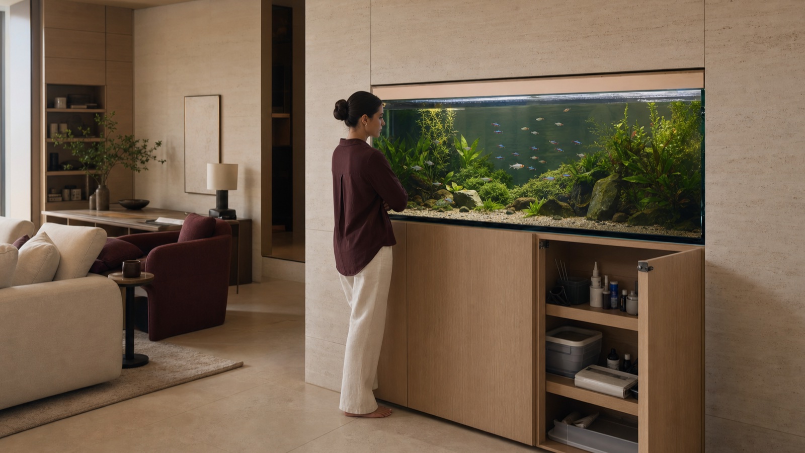 A resident observes a planted freshwater aquarium with an orderly accessible care cabinet in a calm Dubai apartment