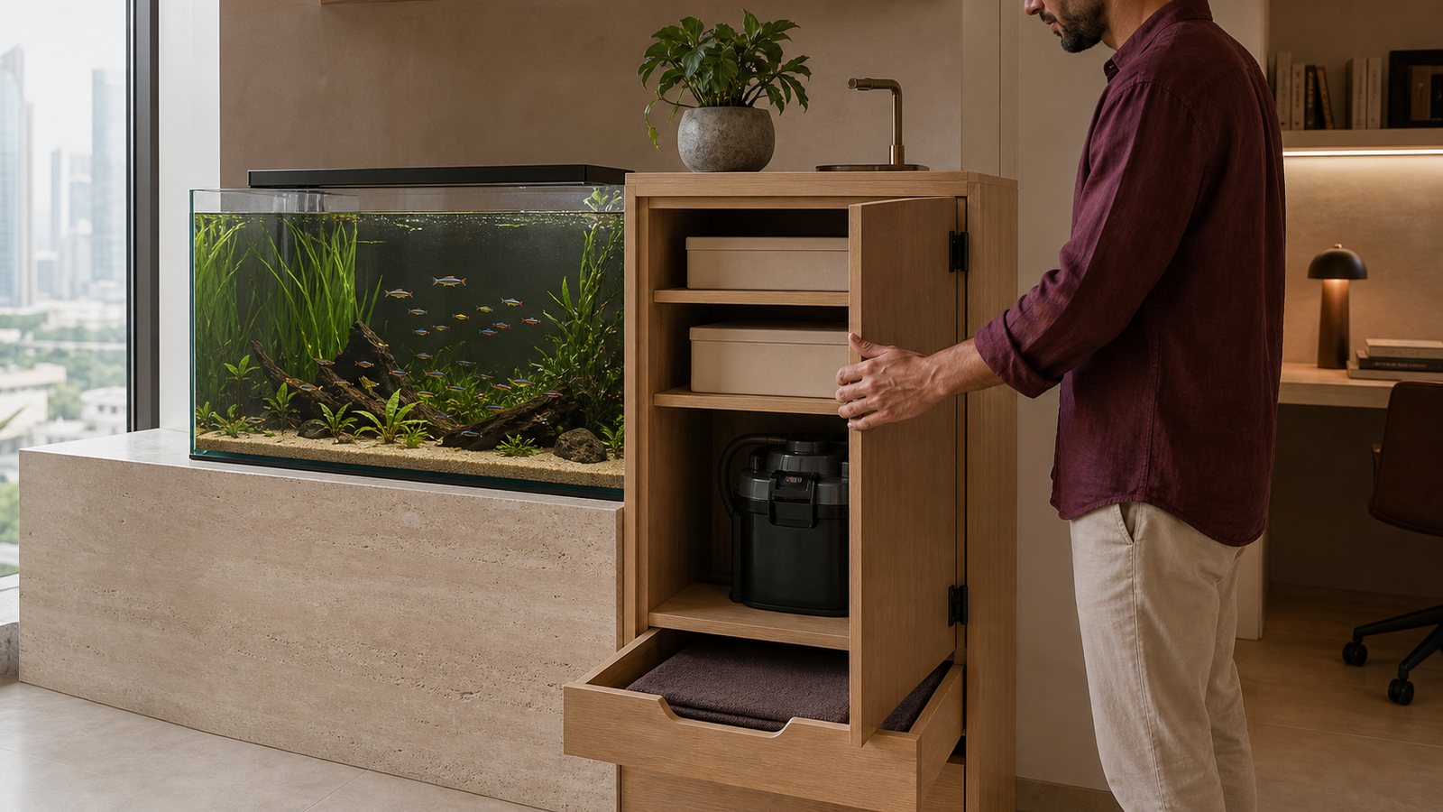 A resident closes an organised pale-oak care cabinet beside a planted freshwater aquarium in a private apartment study