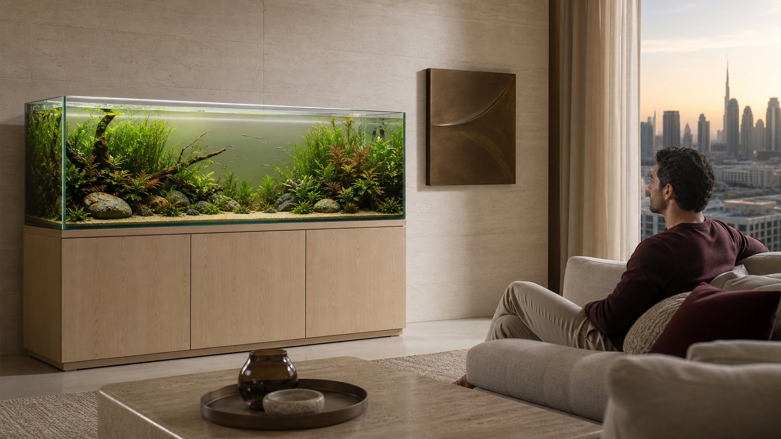A resident observes a planted freshwater aquarium in a calm Dubai apartment with a discreet private care cabinet