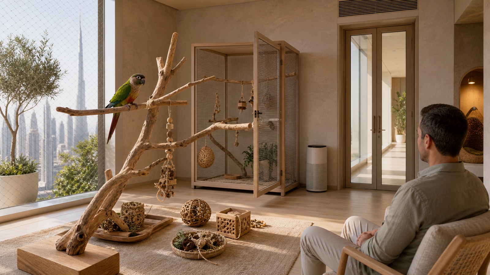 A companion parrot uses a secure enrichment room with natural perches and filtered air in a quiet Dubai home