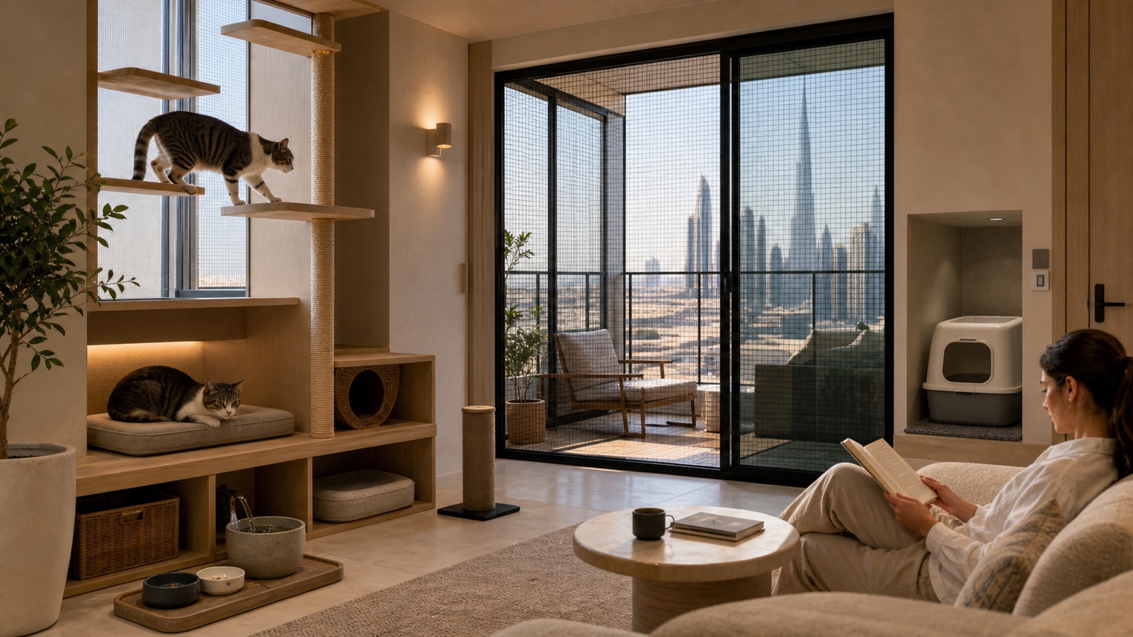 Two cats use vertical perches, a screened balcony and separate quiet resources in a refined Dubai apartment