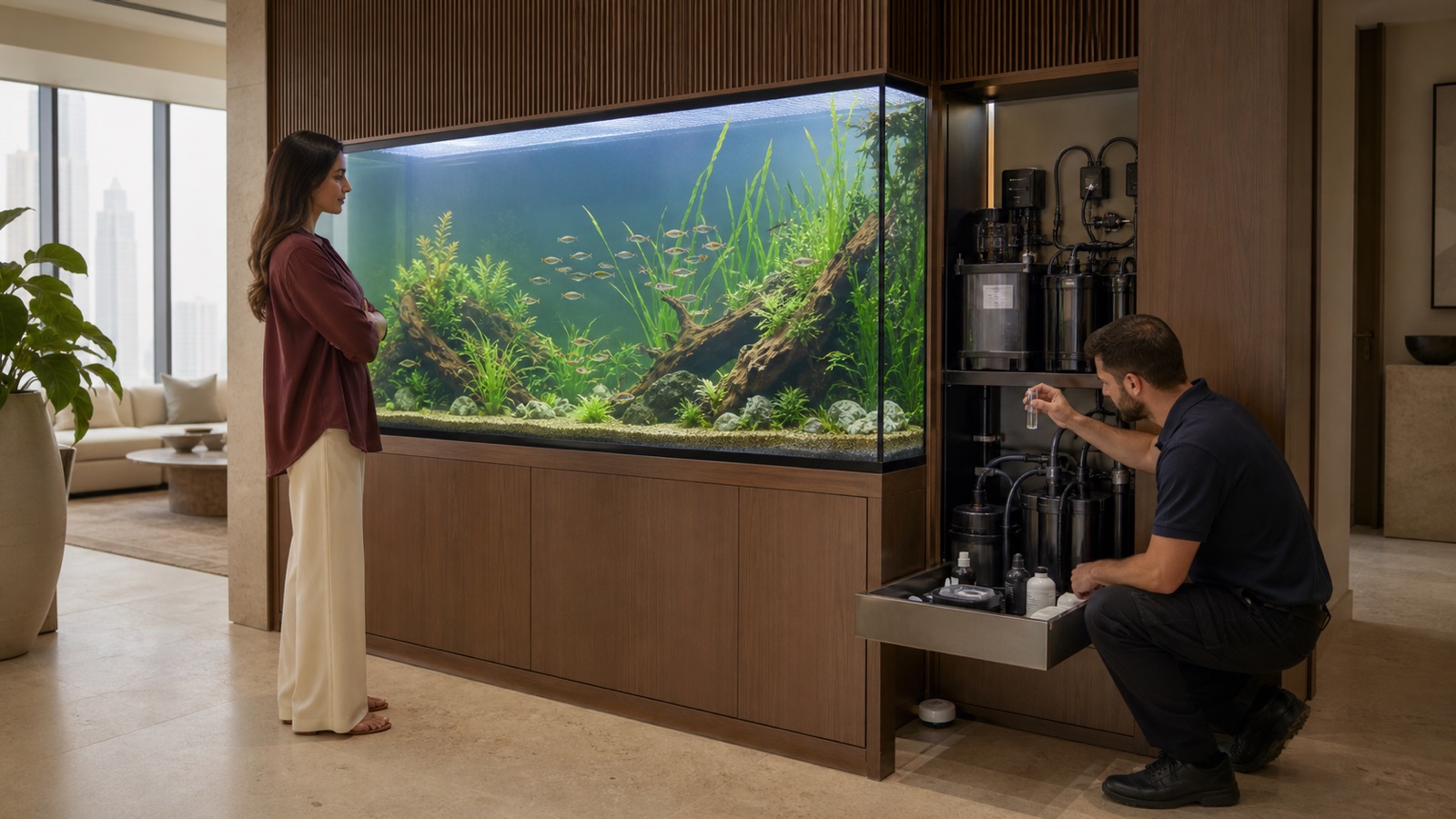 A resident and aquarium specialist inspect a large planted fish habitat with concealed life-support and leak monitoring