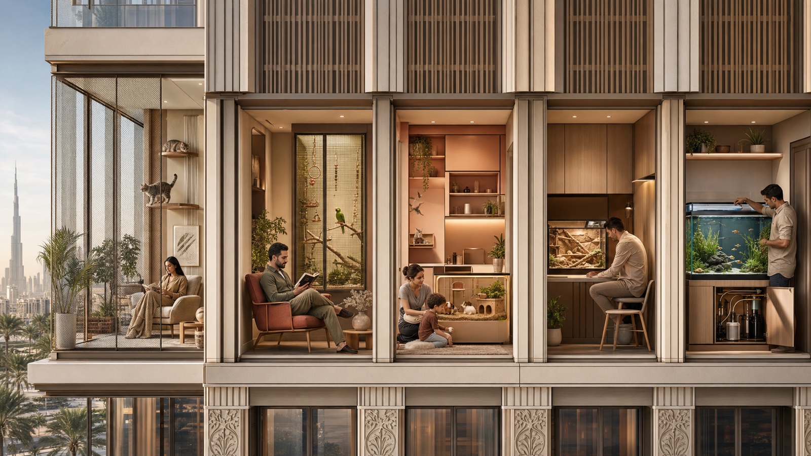 Editorial cutaway of five separate pet-aware Dubai homes for cats, parrots, small mammals, reptiles and aquarium fish