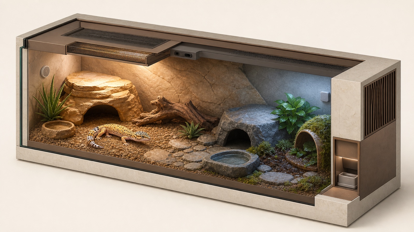 Architectural cutaway of a monitored captive-bred leopard gecko habitat with separate heat, shade and retreat zones