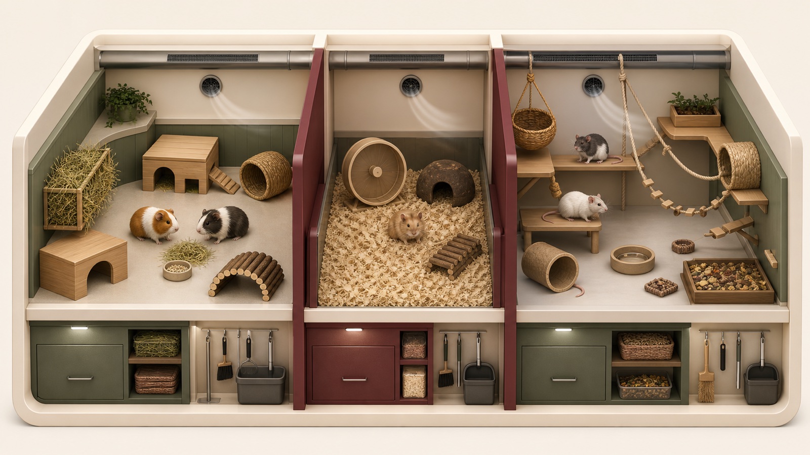 Cutaway illustration of separate enriched habitats for guinea pigs, a hamster and rats with safe storage and cleaning access