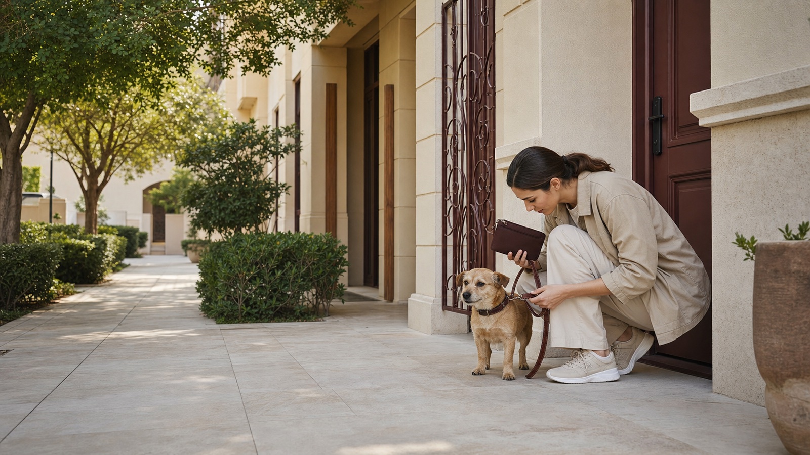 A resident gently clips a lead onto a relaxed small dog at a shaded, quiet Dubai residential departure threshold