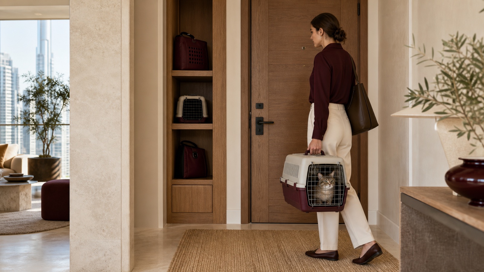 A resident prepares to leave a calm Dubai apartment with a cat resting securely in a ventilated carrier beside organised carrier storage