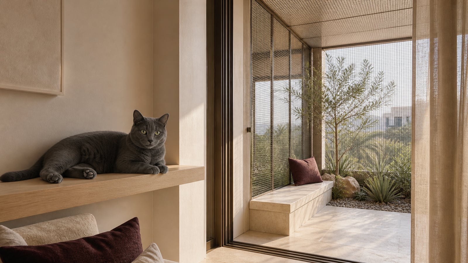 A charcoal-grey cat rests on an indoor pale-oak perch while a fully screened shaded balcony with a limestone ledge is visible through the open doorway