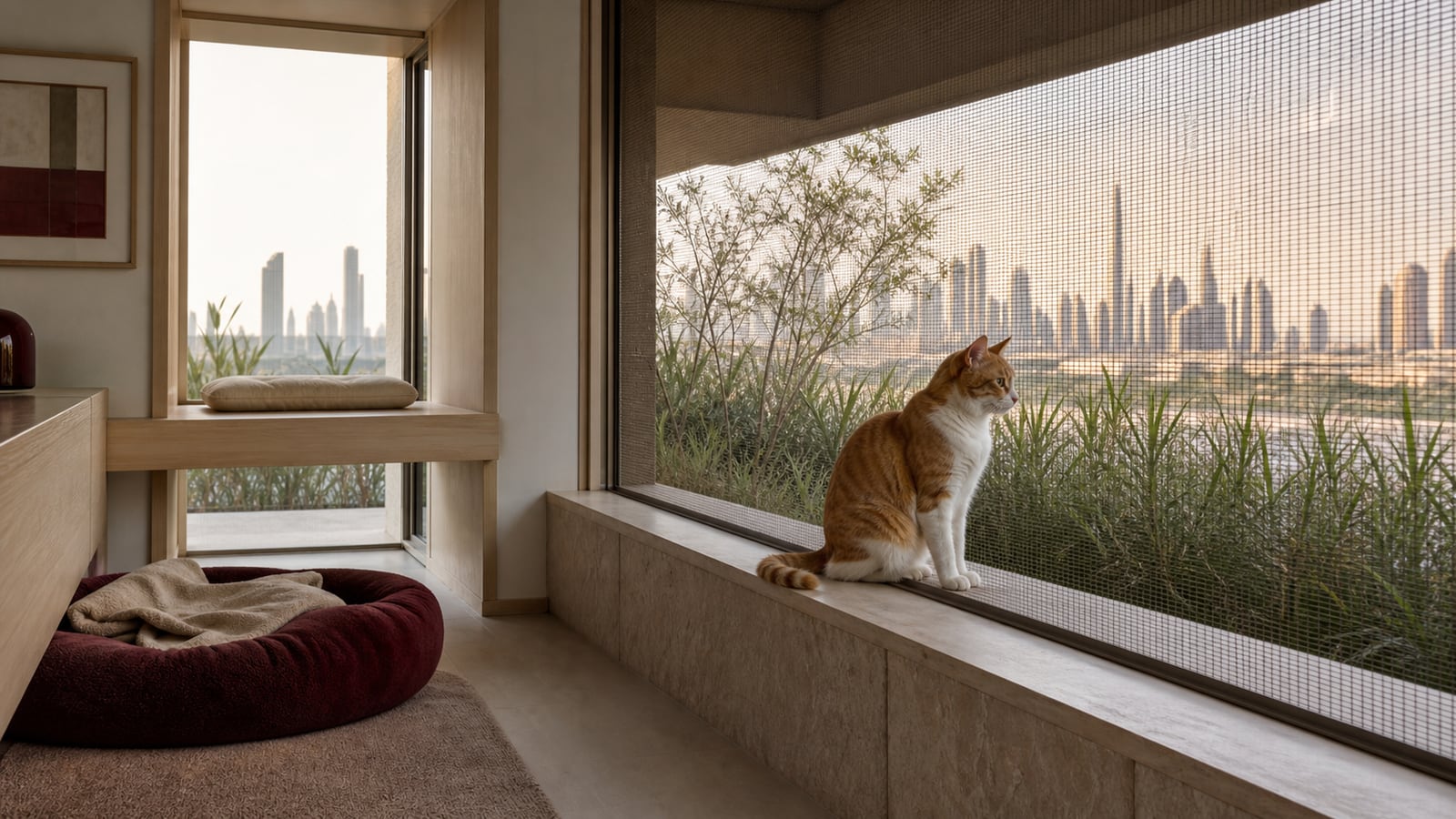 A ginger-and-white cat sits at a fully screened shaded balcony outlook connected to a calm Dubai apartment with a separate indoor perch