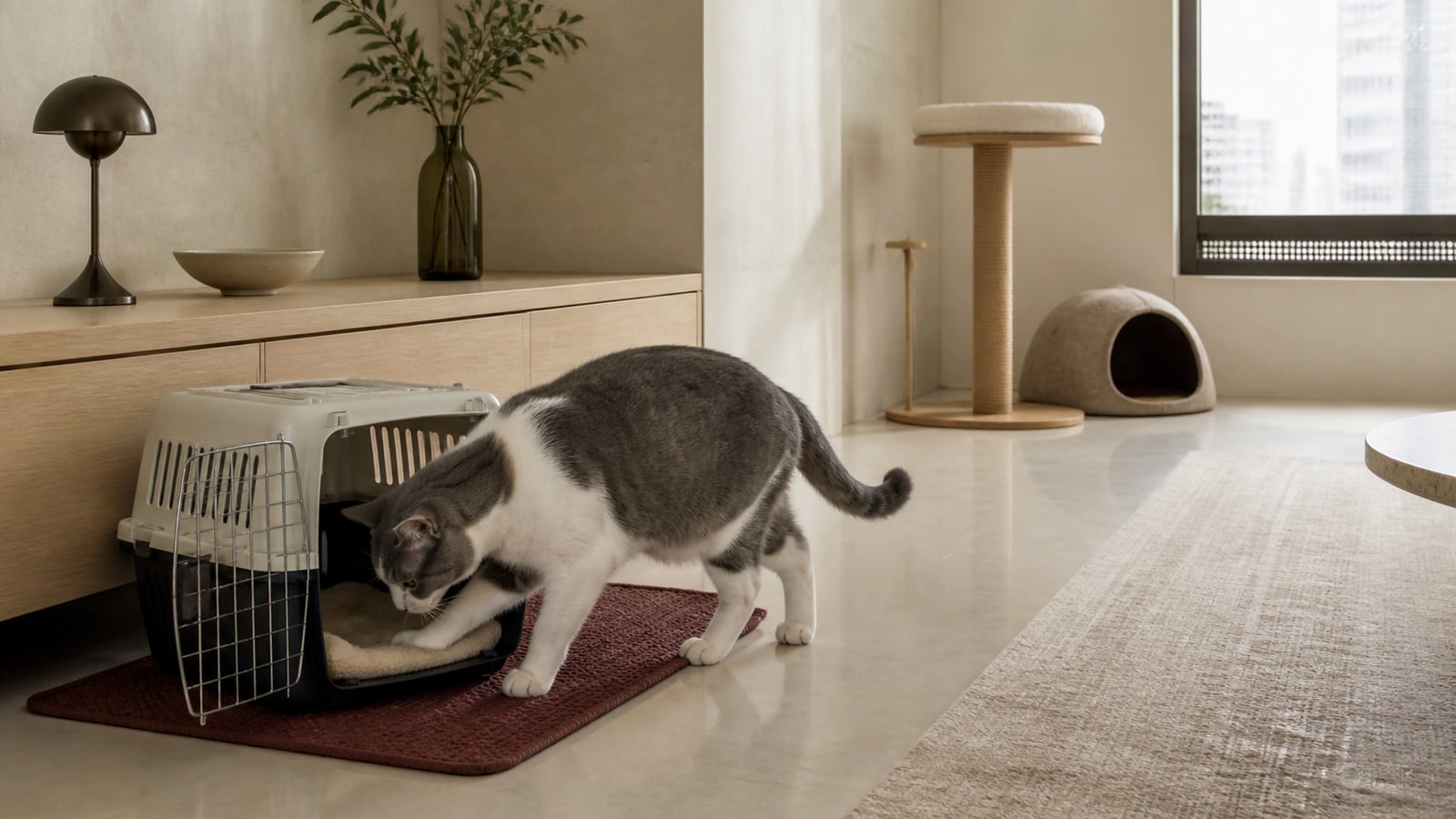 A grey-and-white cat calmly investigates an open carrier on a stable mat in a private apartment, with a separate perch and hide visible beyond it