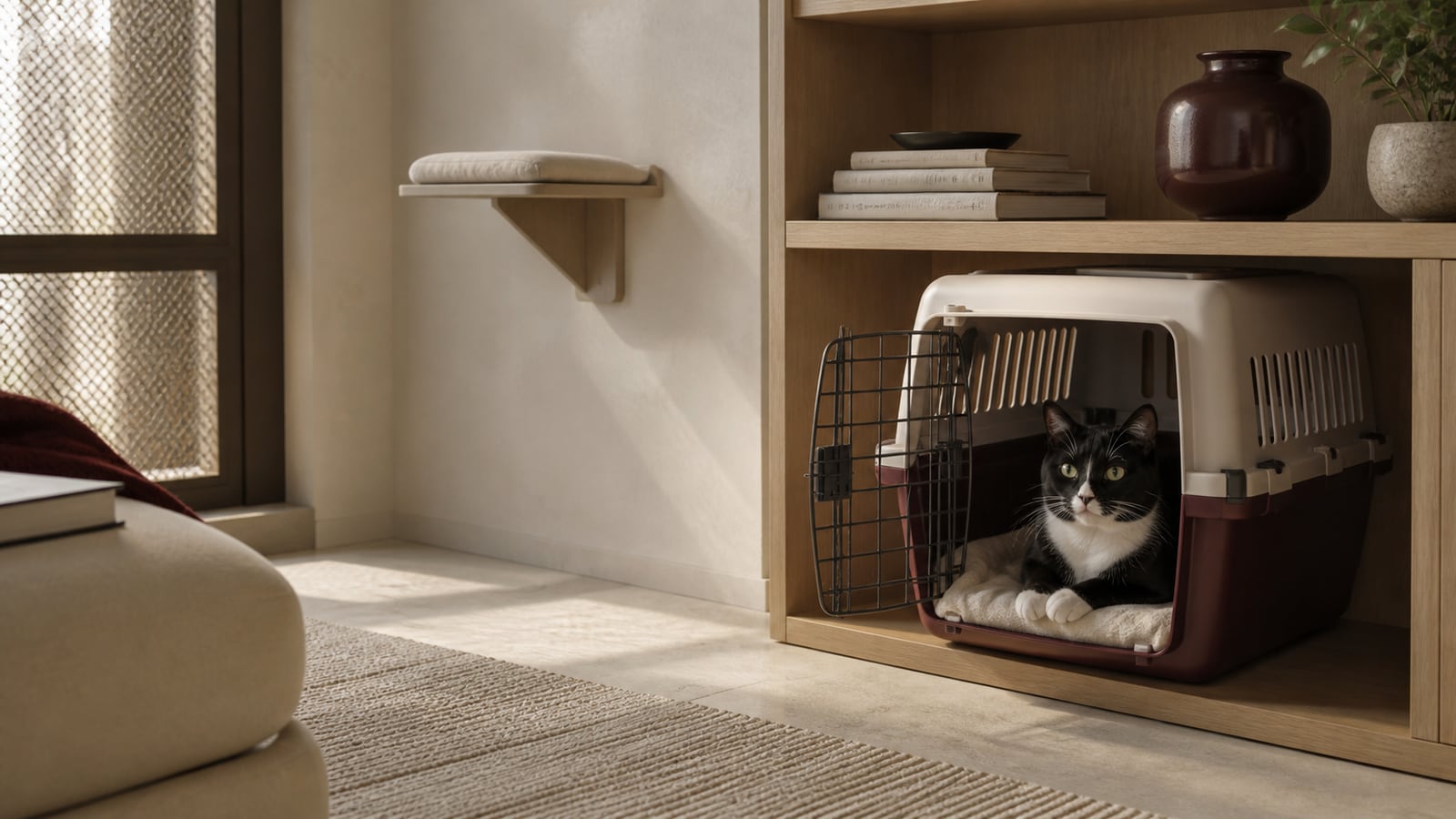 A tuxedo cat rests inside an open ventilated carrier set into a quiet pale-oak apartment alcove, with a separate wall perch nearby