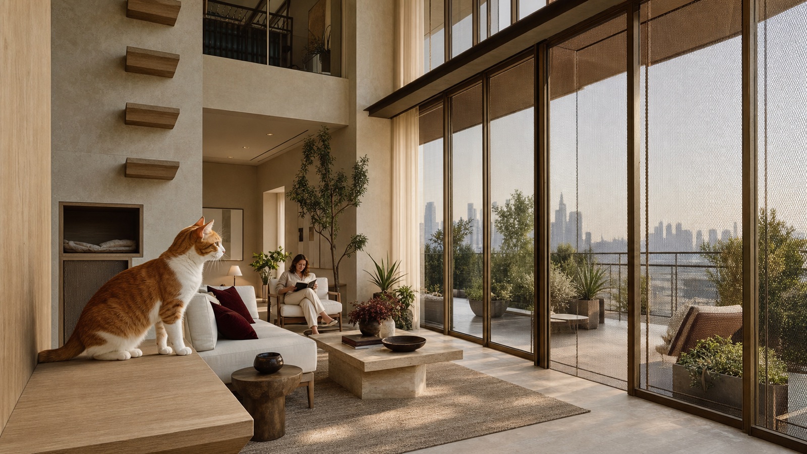 A ginger-and-white cat using an elevated perch in a protected Dubai apartment terrace and living room