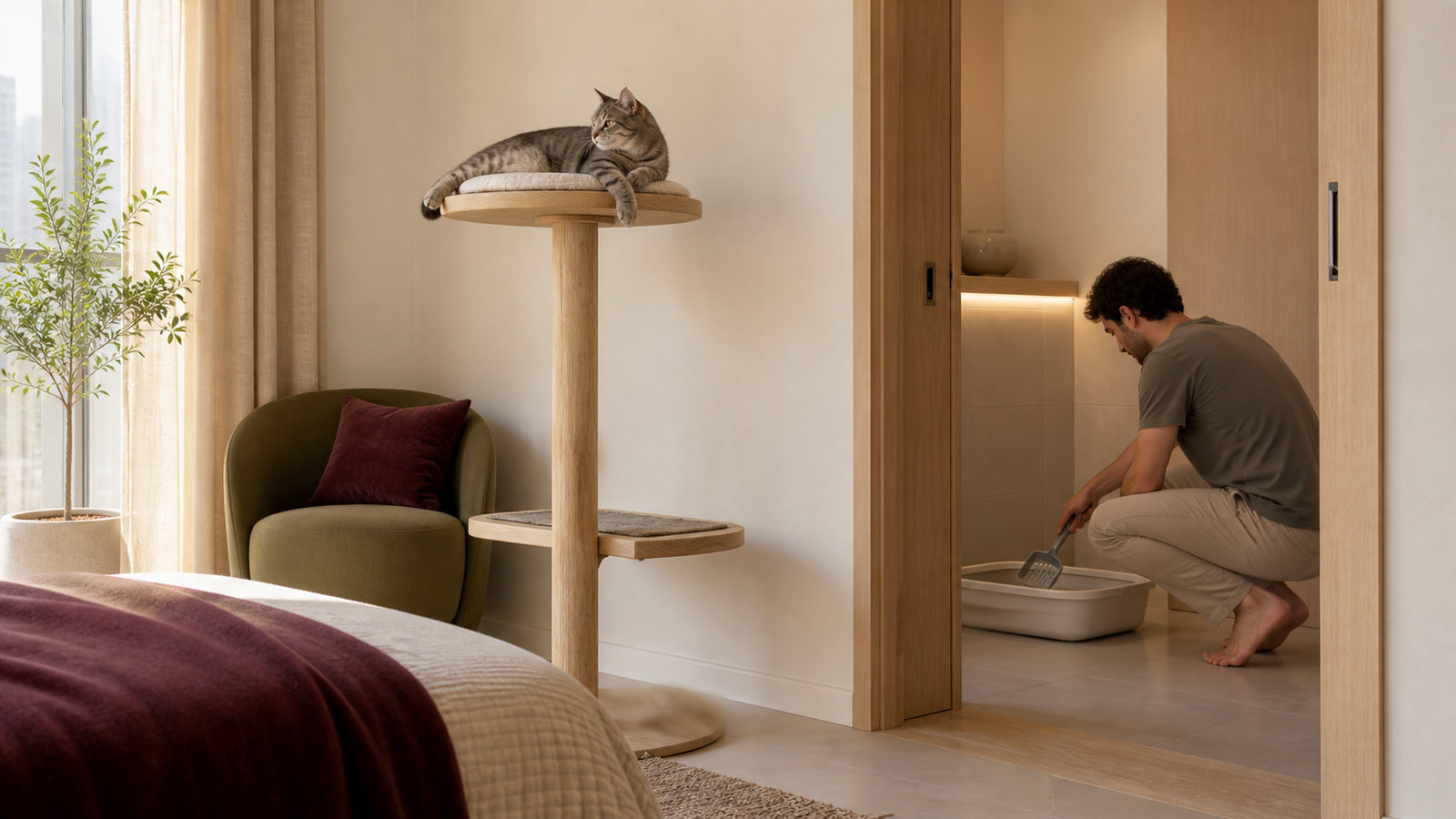 An adult grey tabby rests on a high perch in a calm apartment room while a resident cleans a separate floor-level litter niche through an open interior doorway