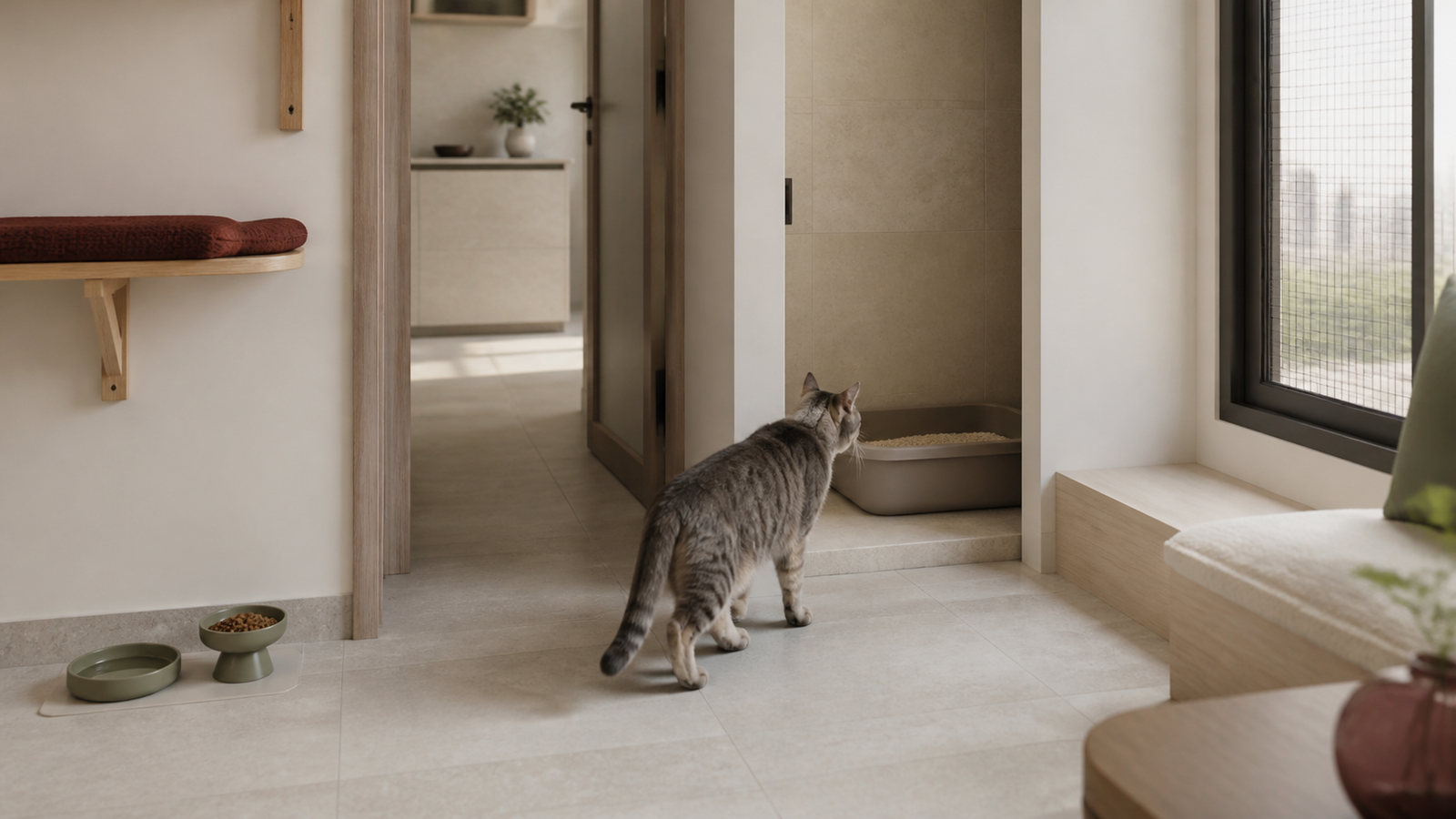 An adult grey tabby approaches a quiet, cleanable apartment litter niche while food, water and a raised resting perch remain in separate parts of the room