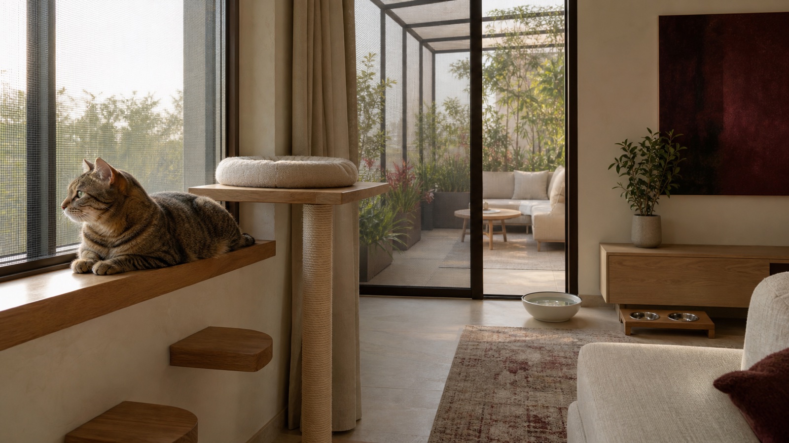 An adult tabby cat rests on a timber window perch beside vertical platforms and a fully screened planted terrace in a quiet Dubai apartment