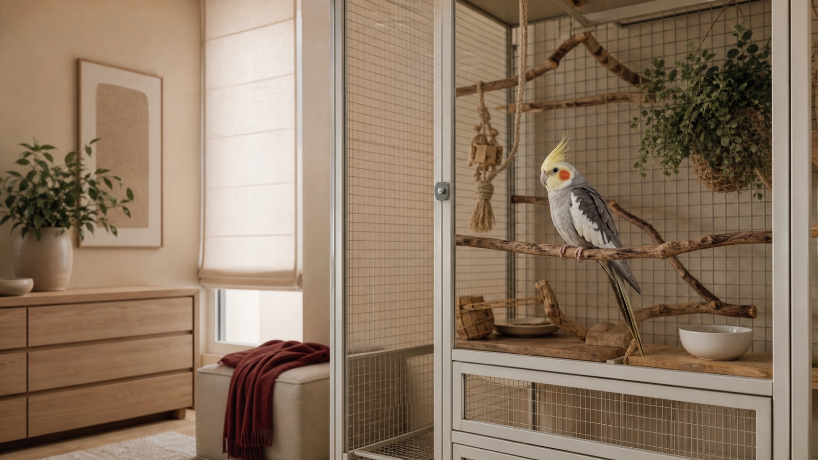 A cockatiel rests on a natural perch inside a secure spacious enclosure in a calm, clean-air Dubai apartment room