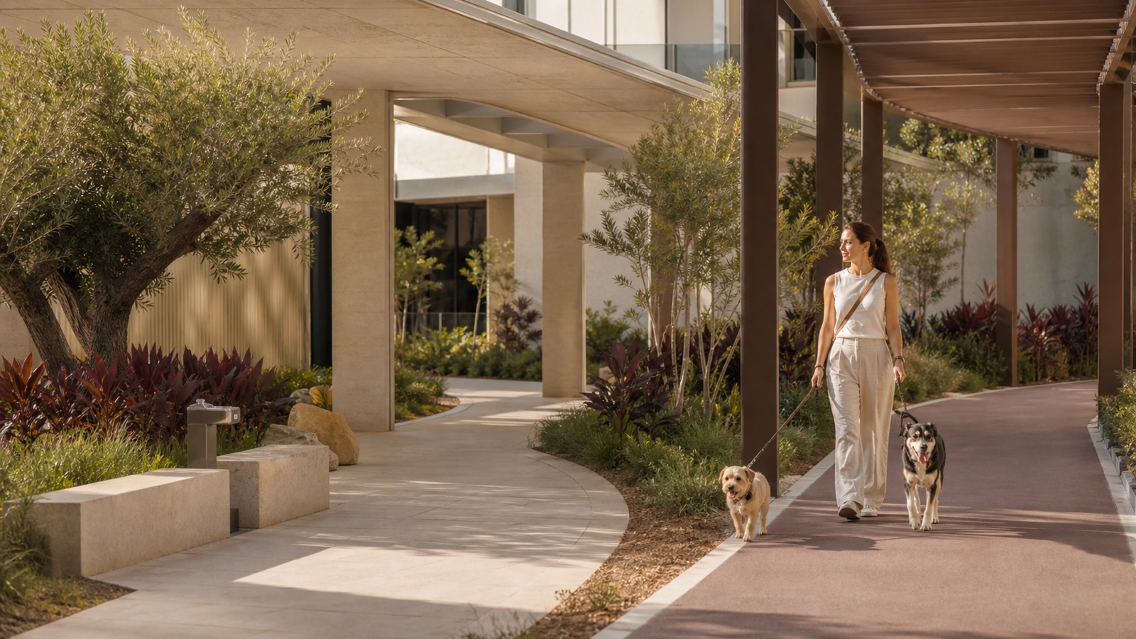 A resident walks a small and a medium dog on a shaded Dubai residential route beside a clearly separate quiet path