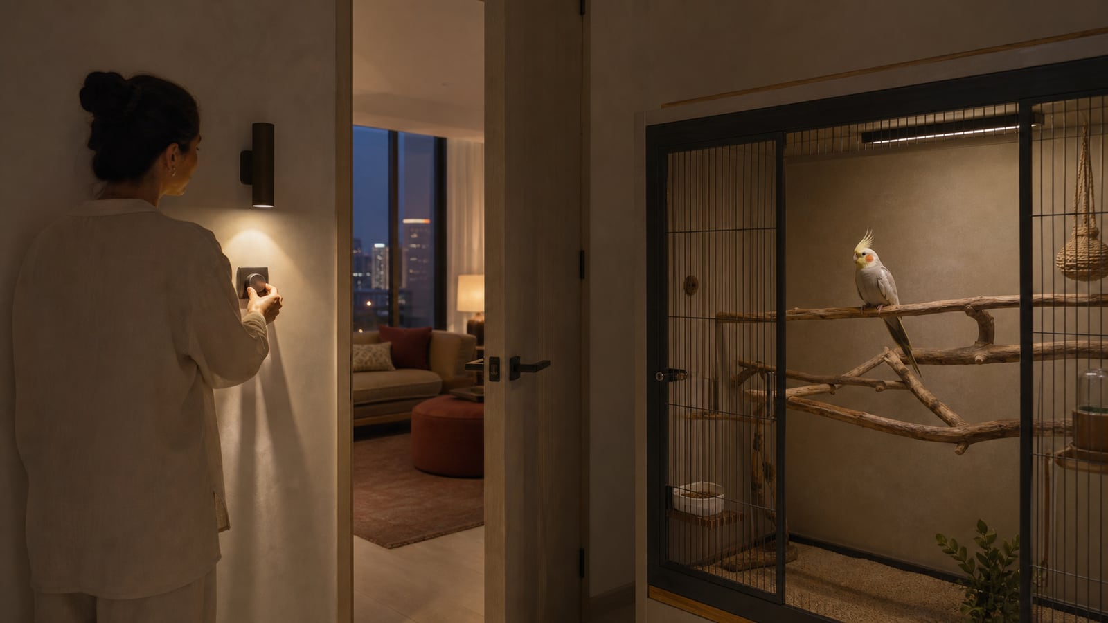 A resident adjusts a dimmable wall light beside a controlled interior boundary while a cockatiel rests inside a secure, spacious evening habitat