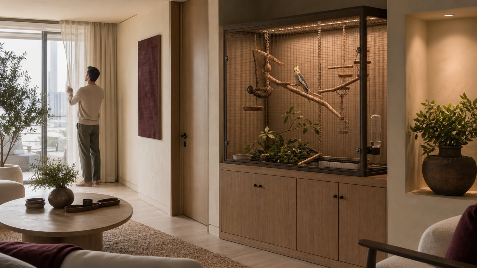 A cockatiel rests in a secure, spacious apartment habitat while a resident opens curtains in a calm Dubai living room