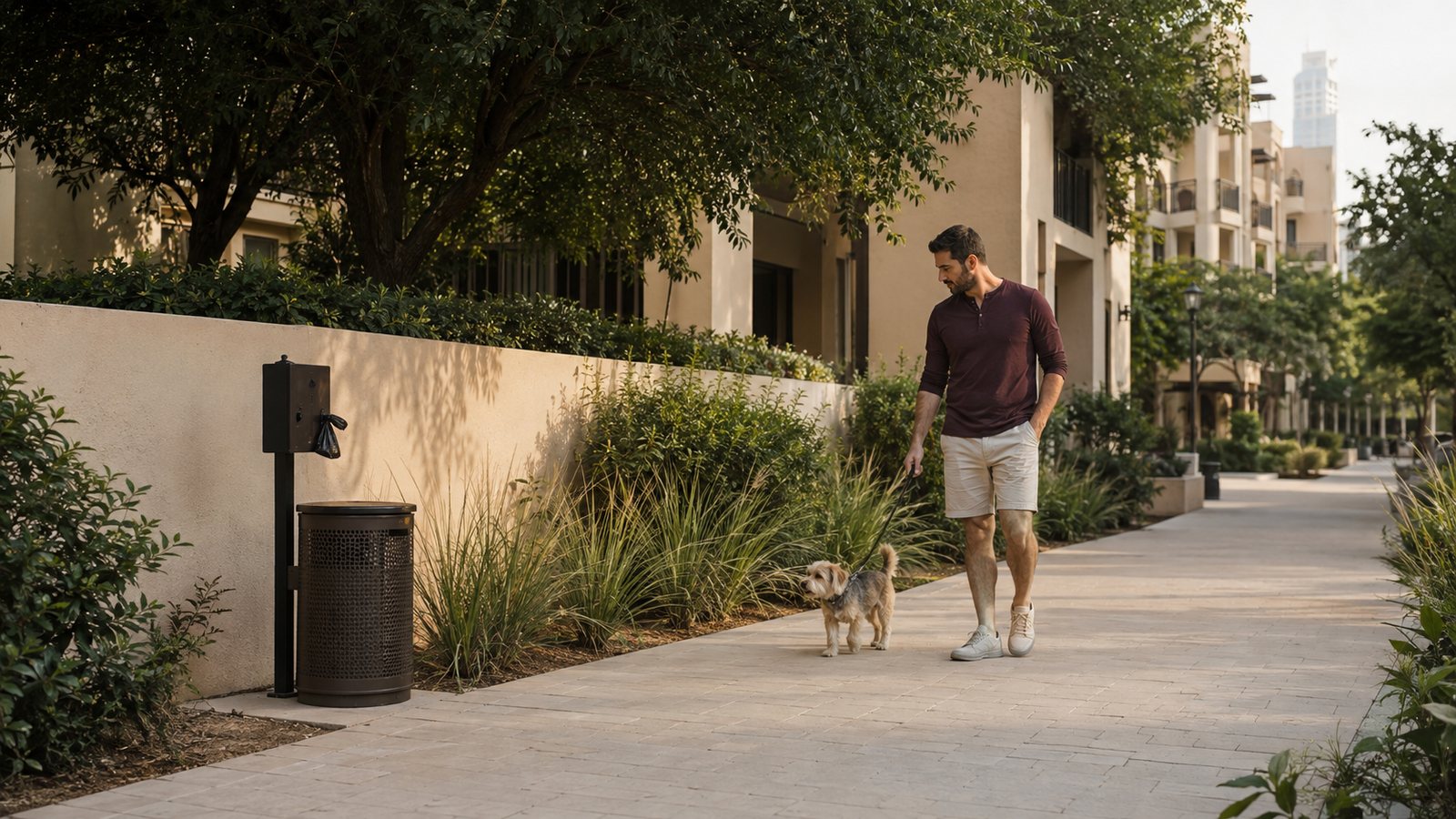 A small terrier and its resident pass a clean bag dispenser and sealed bin on a shaded apartment courtyard path