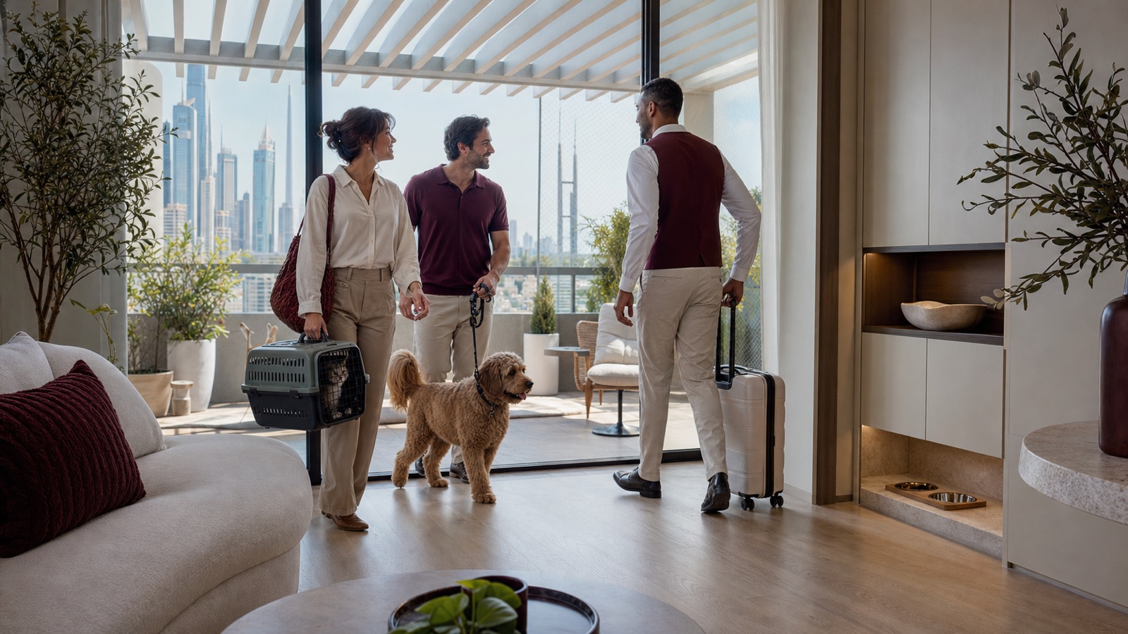 A couple arriving at a pet-aware Dubai apartment with a dog, a cat carrier and relocation support