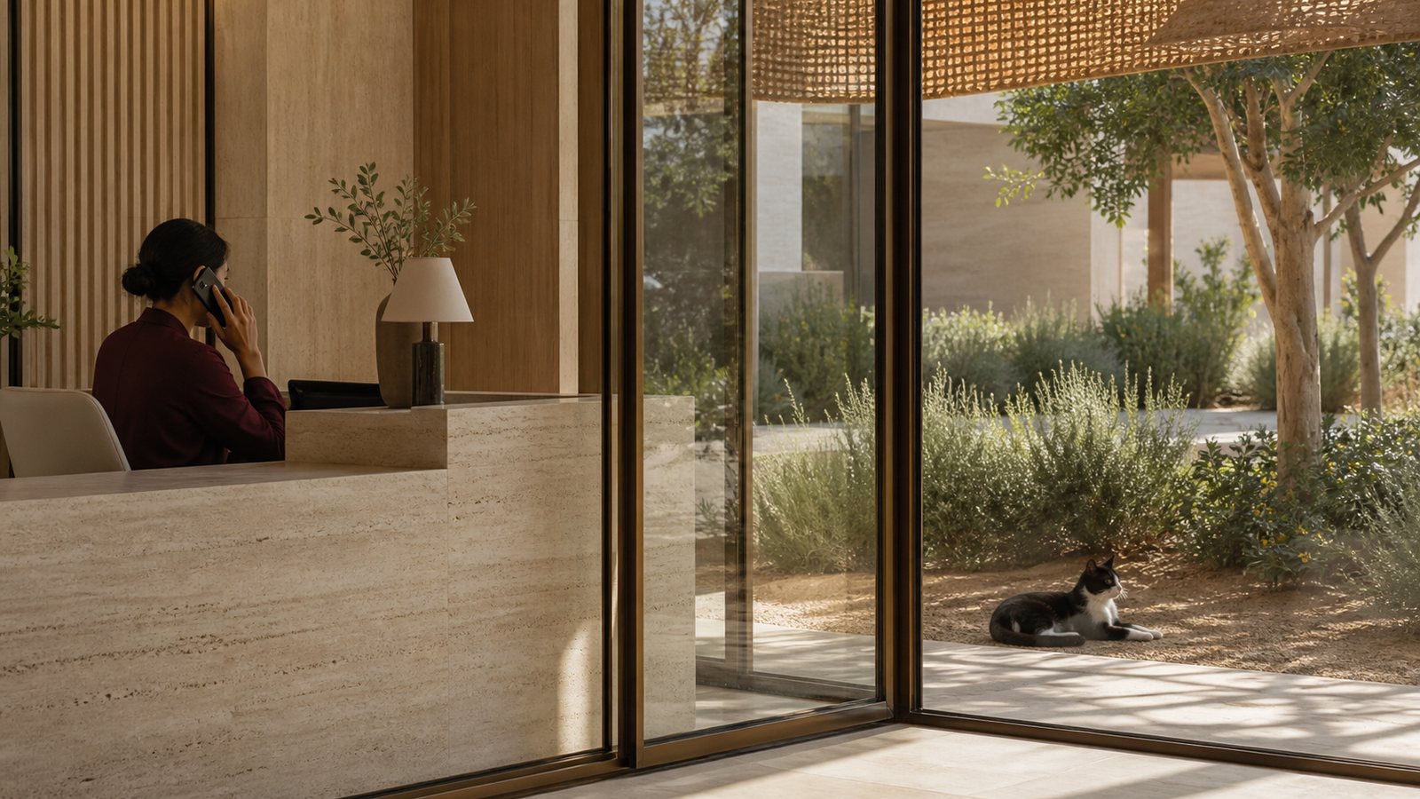 A staff member makes a phone call at an indoor limestone reception desk while a black-and-white community cat rests outside in a separate shaded planted edge