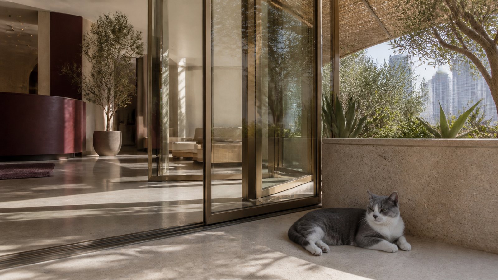 A grey-and-white community cat rests in shade outside a bronze-framed Dubai residential lobby, separated from the calm interior by full-height glass