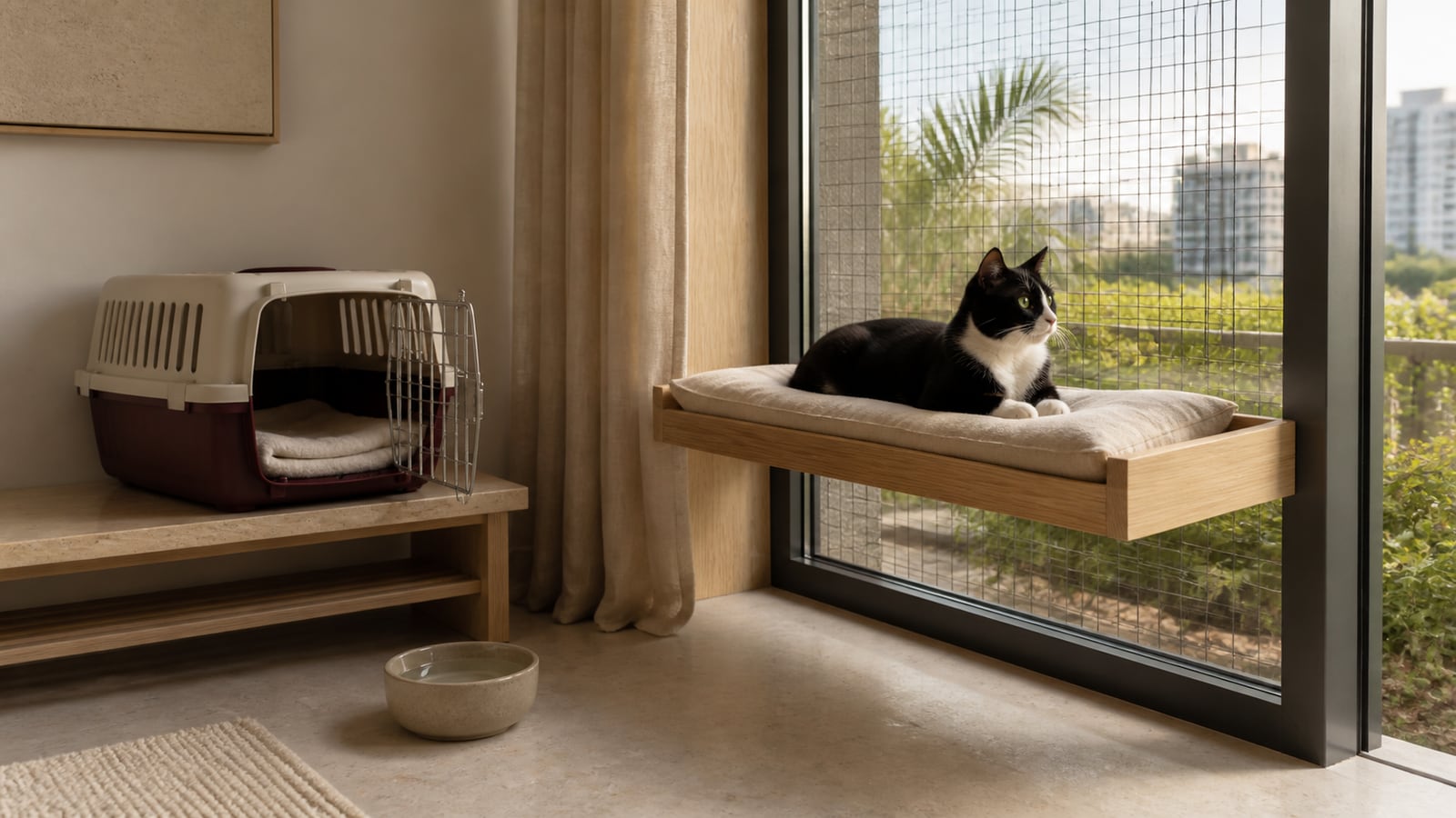 A black-and-white cat rests on a raised oak window perch beside an open carrier in a quiet apartment with a securely screened balcony boundary