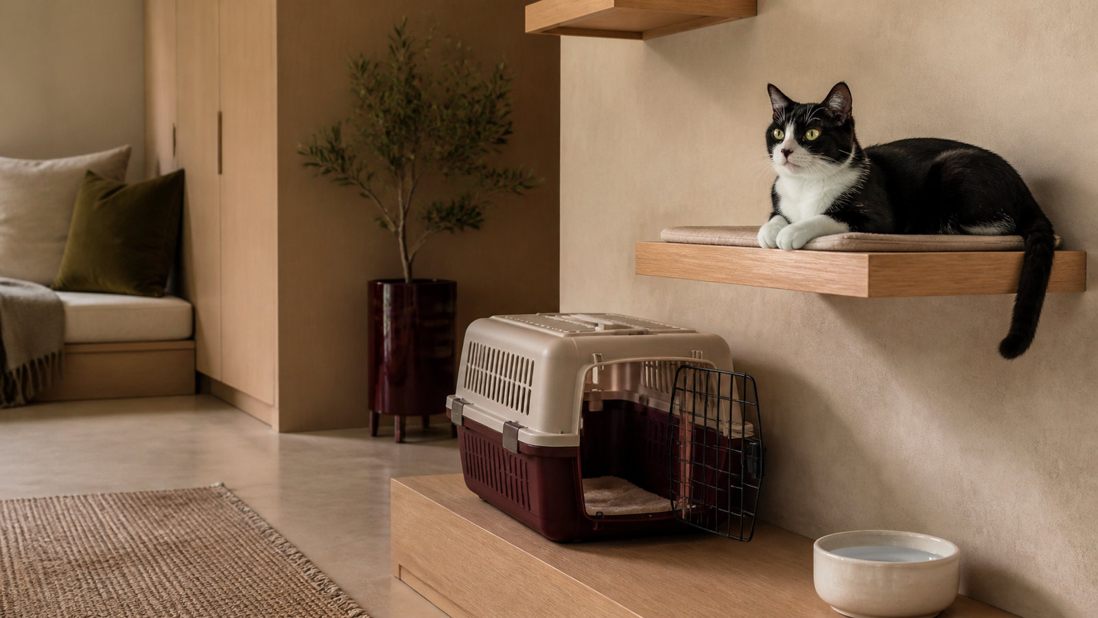 A black-and-white cat rests on a raised oak perch above an open carrier in a quiet private apartment alcove with a separate water bowl