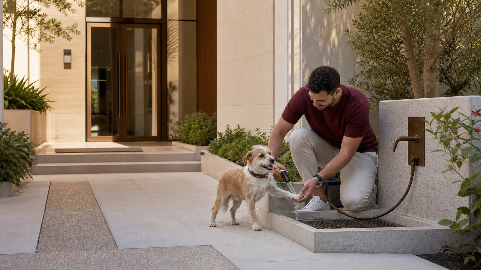 A resident rinses the paw of a small tan-and-white dog at a modest shared wash point beside a shaded Dubai residential entrance