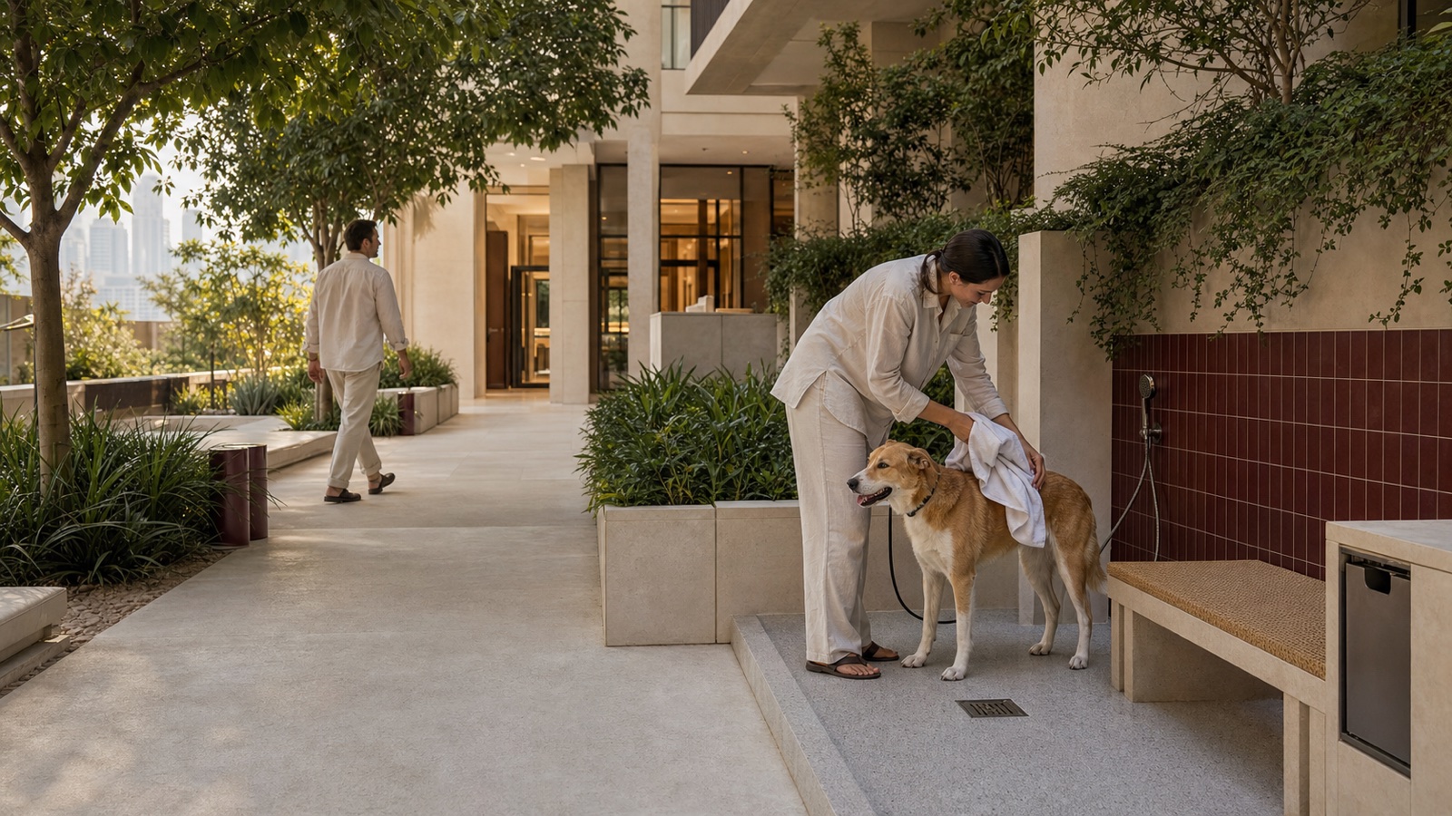 A resident towel-dries a calm dog beside a discreet wash station in the shaded courtyard of a contemporary Dubai residence